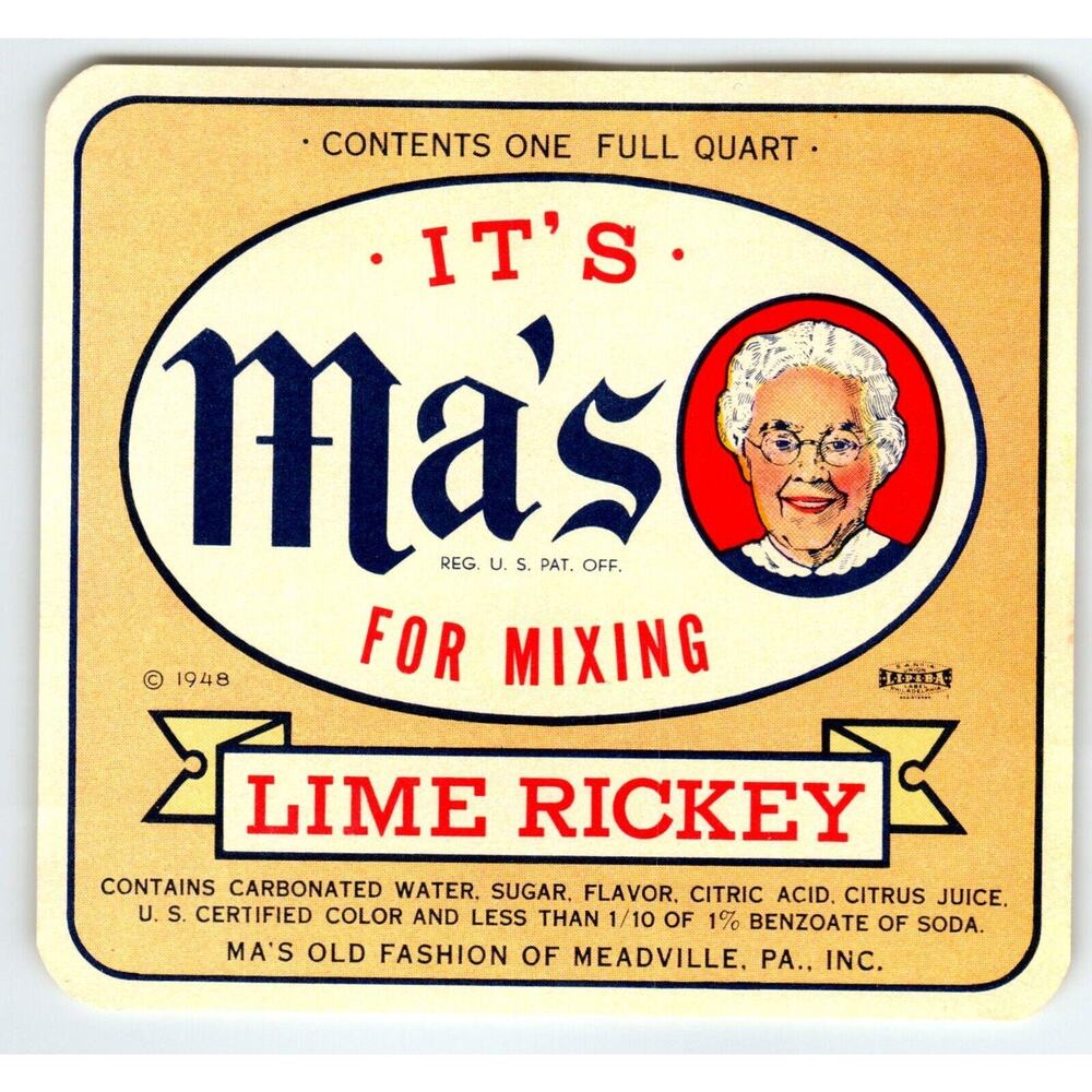 It's Ma's For Mixing Lime Rickey Label White Haired Grandma Meadville PA 1940s